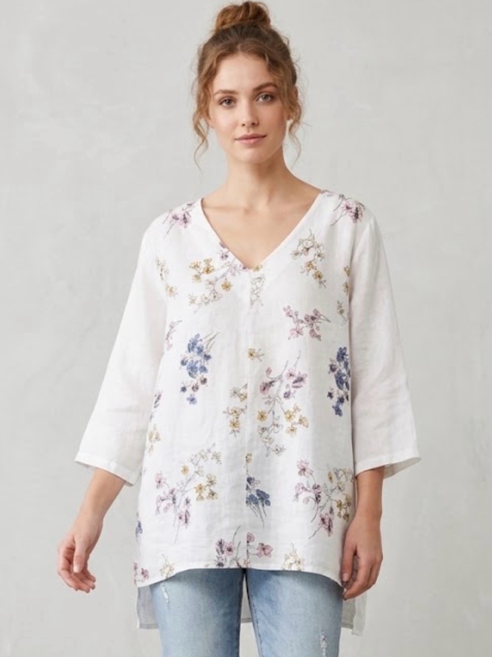 Vera May 100% Linen Floral V-Neck Tunic Top